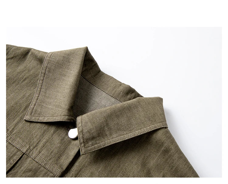 Close-up of the pointed collar on the Makara jacket, made from 100% cotton denim. From Borcelleclothes.
