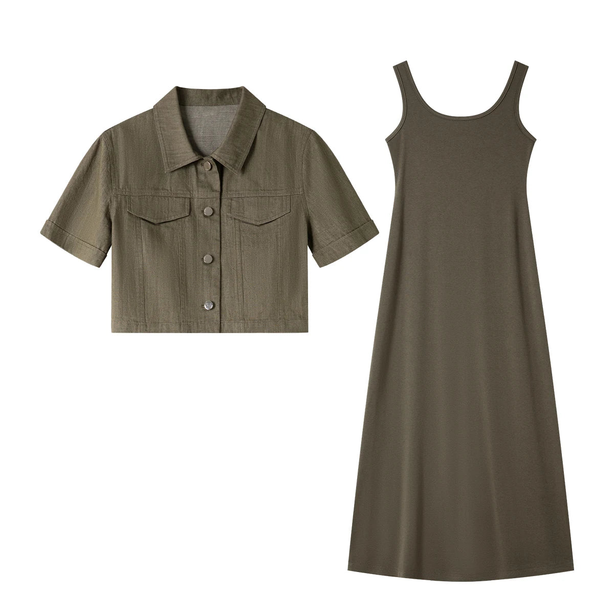  Front view of the denim jacket and knit dress styled together in the Makara Two-Piece Set. From Borcelleclothes.