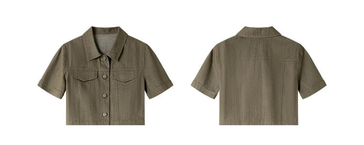 Full view of the denim jacket from front and back in the Makara Two-Piece Set. From Borcelleclothes.