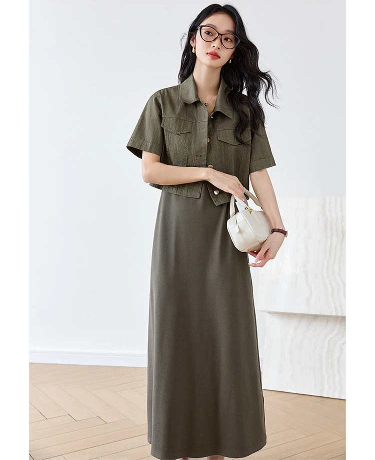 Woman in the Makara Two-Piece Set holding a bag, showcasing the harmony of structured jacket and relaxed knit dress. From Borcelleclothes.
