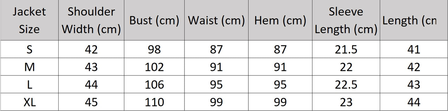Women's size chart for a jacket of the Two-Piece Set with a denim short-sleeve jacket and sleeveless knit dress in matching muted tone. From Borcelleclothes.