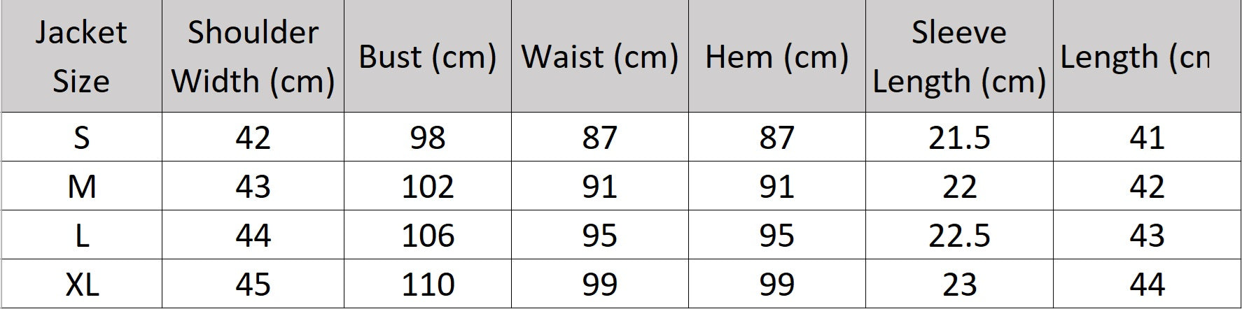 Women's size chart for a jacket of the Two-Piece Set with a denim short-sleeve jacket and sleeveless knit dress in matching muted tone. From Borcelleclothes.