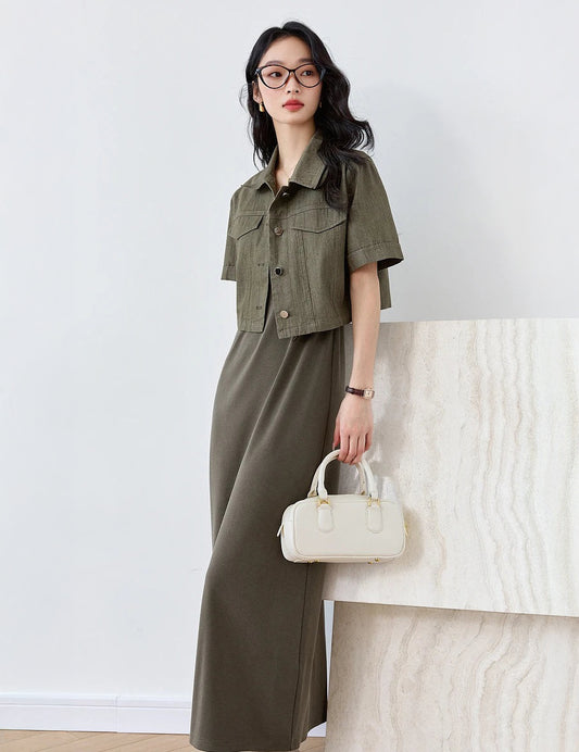 Women's Two-Piece Set with a denim short-sleeve jacket and sleeveless knit dress in matching muted tone. From Borcelleclothes.