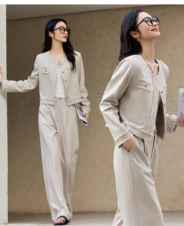 Collage of front and side views of the model wearing the Martini two-piece set. From Borcelleclothes.
