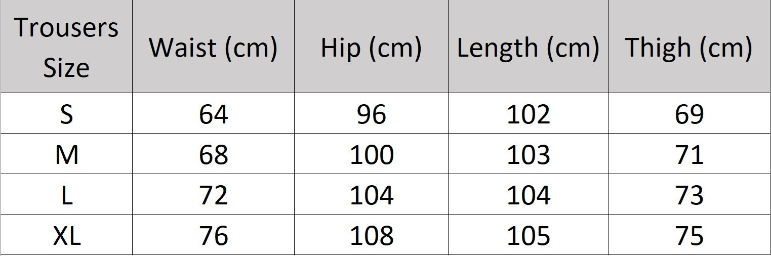 Women's size chart for trousers of the two-piece set in Martini color with silver buttons and thread-fringed details on the jacket and wide-leg trousers. From Borcelleclothes.