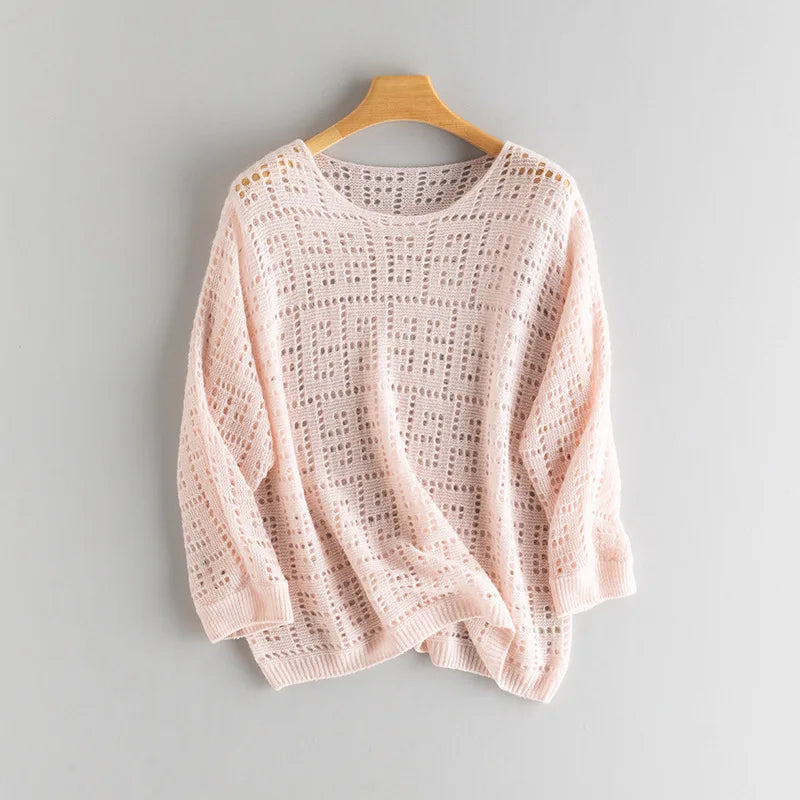 Women's openwork cashmere top in Misty Rose, with batwing sleeves and geometric meander pattern — From Borcelleclothes.