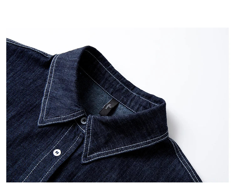 Close-up of the pointed collar with visible contrast topstitching — precise detail in Midnight Express cotton. From Borcelleclothes.