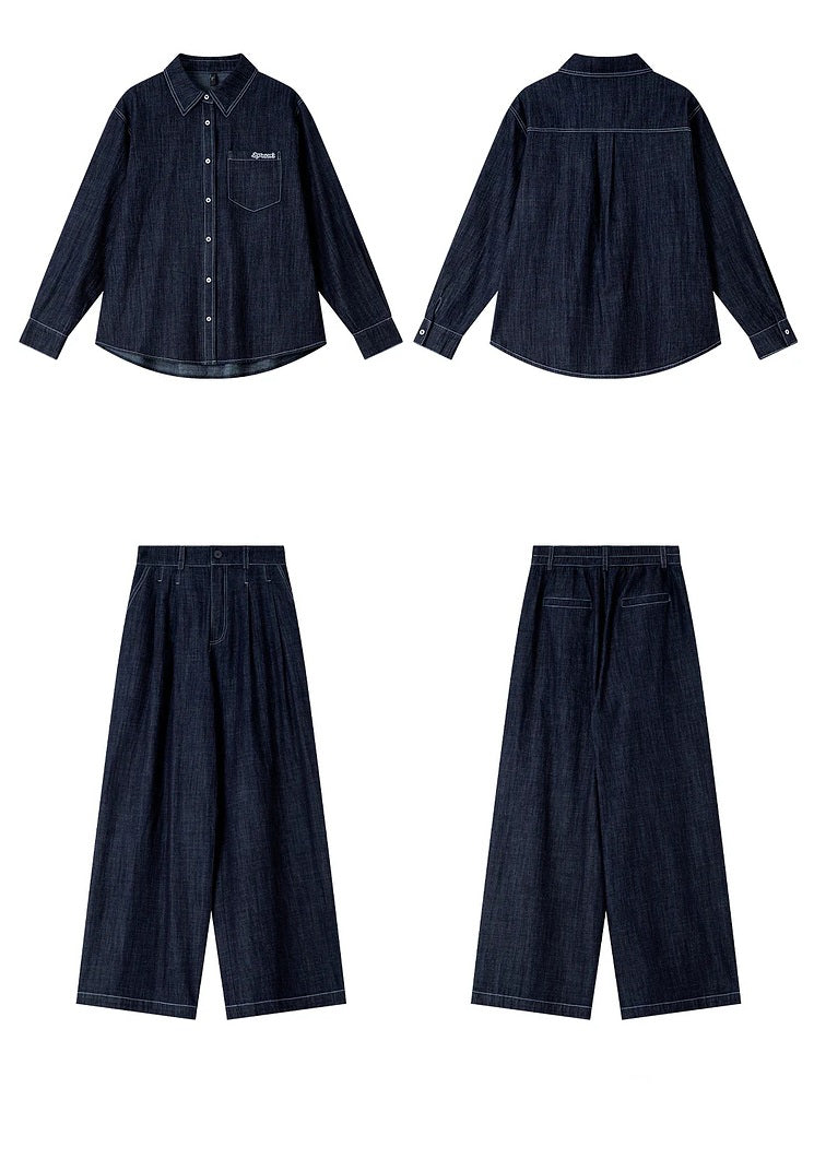 Front and back view of shirt and trousers in Midnight Express color — structured yet effortless two-piece silhouette. From Borcelleclothes.