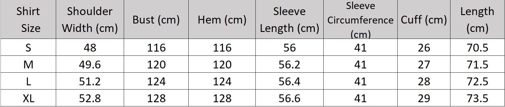 Women’s size chart for a shirt of the two-piece set in Midnight Express color featuring a loose-fit shirt with SPROUT embroidery and contrast topstitching, paired with wide-leg tucks trousers. From Borcelleclothes.
