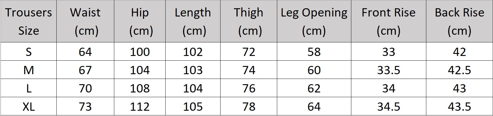 Women’s size chart for trousers of the two-piece set in Midnight Express color featuring a loose-fit shirt with SPROUT embroidery and contrast topstitching, paired with wide-leg tucks trousers. From Borcelleclothes.