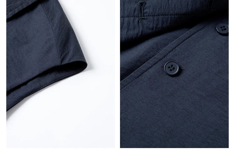 Detail collage of shoulder line and decorative top button — emphasizing the subtle design of the jacket. From Borcelleclothes.