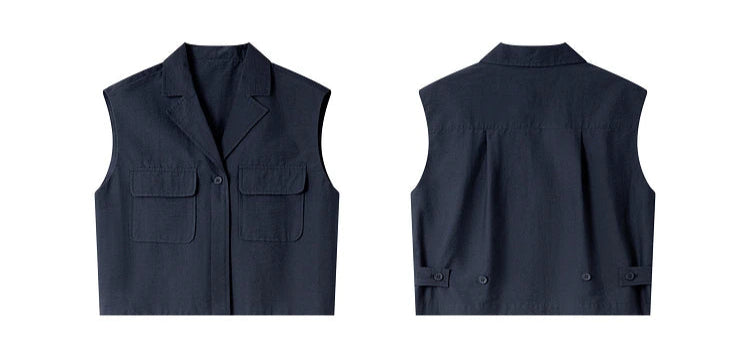 Front and back view of the structured sleeveless jacket — designed in Mirage color with subtle tailoring. From Borcelleclothes.
