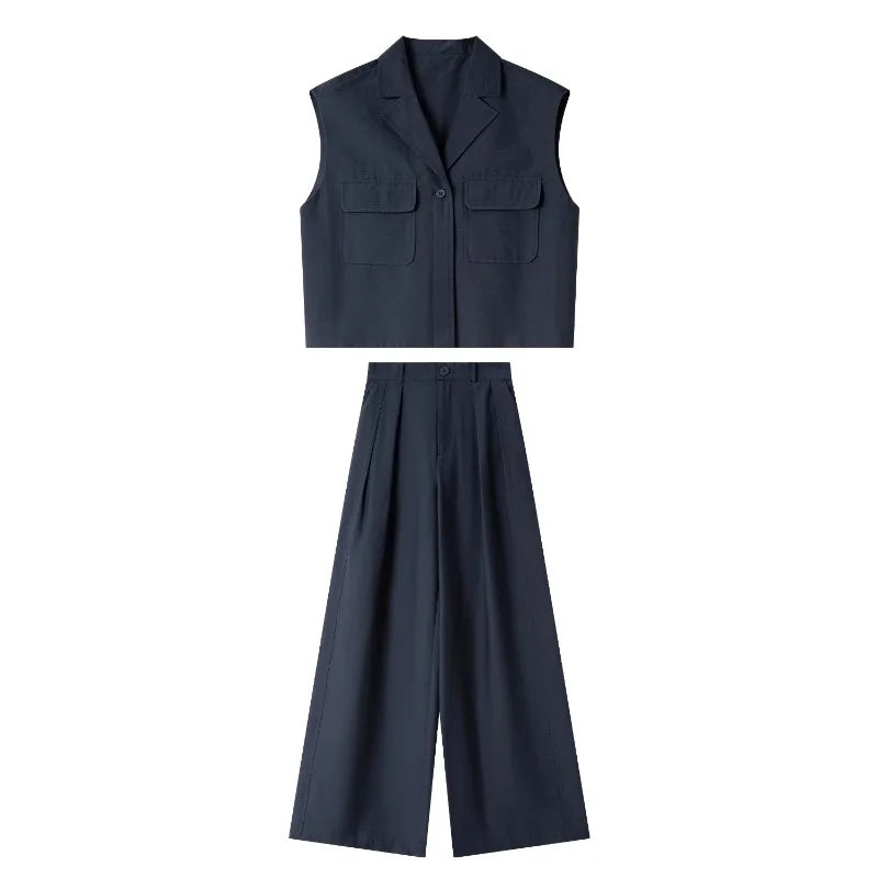 Full front view of Mirage set — sleeveless vest with sharp shoulders and tailored trousers in a refined, urban silhouette. From Borcelleclothes.