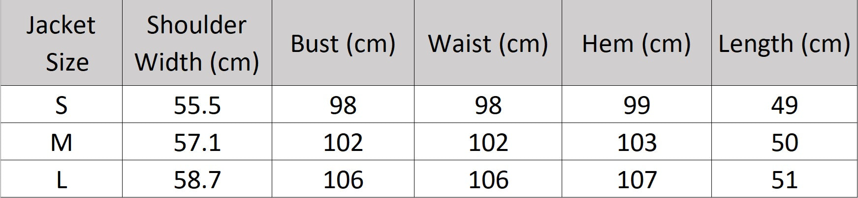 Women’s size chart for a jacket of the two-piece set in Mirage color featuring a structured sleeveless vest and straight-leg trousers — a refined, urban silhouette with minimalist strength. From Borcelleclothes.