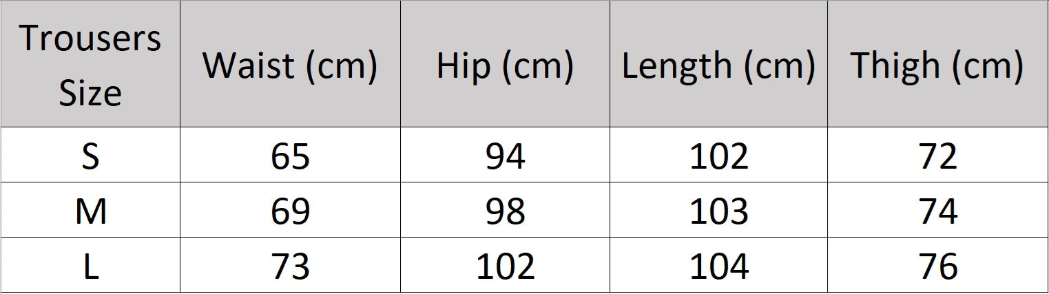 Women’s size chart for trousers of the two-piece set in Mirage color featuring a structured sleeveless vest and straight-leg trousers — a refined, urban silhouette with minimalist strength. From Borcelleclothes.