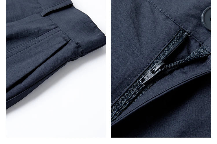 Trousers detail collage — slash pockets and unzipped fly revealing inner construction of the Mirage set. From Borcelleclothes.