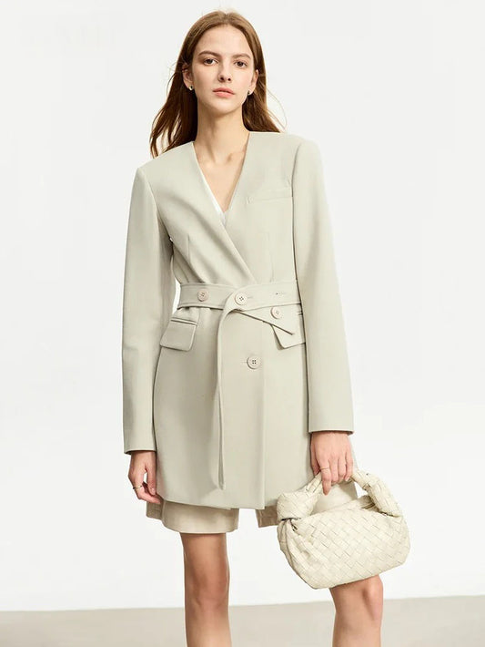 Women’s Moon Mist wrap blazer with deep wrap, belt, and angled layered detail creating a quiet illusion of retro grace. From Borcelleclothes.