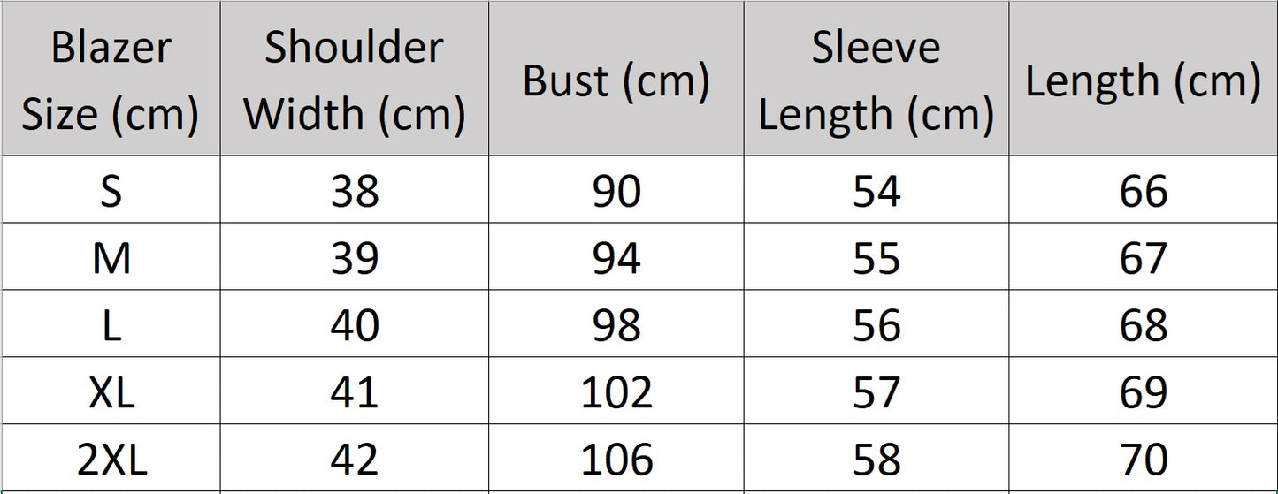 Women’s size chart for a Mulberry silk satin blazer — single-breasted with notch lapels and rounded patch pockets, cut to offer breathability, softness, and ease for warm days. From Borcelleclothes.