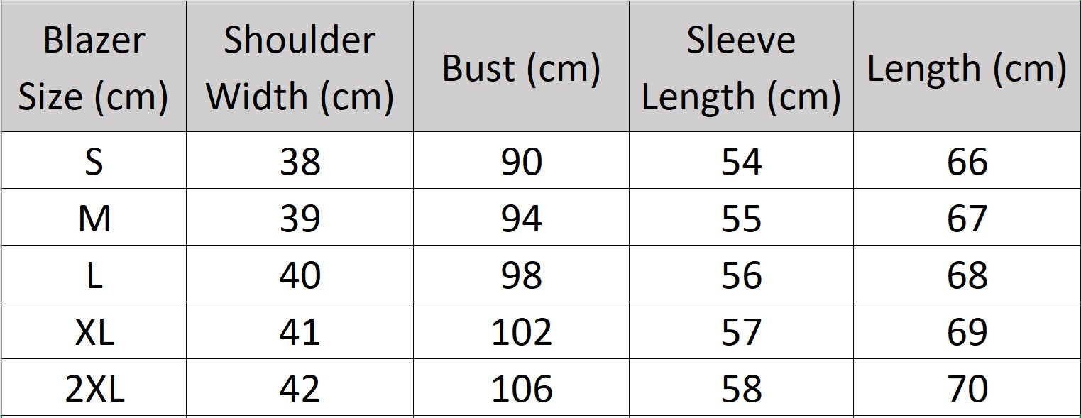 Women’s size chart for a Mulberry silk satin blazer — single-breasted with notch lapels and rounded patch pockets, cut to offer breathability, softness, and ease for warm days. From Borcelleclothes.