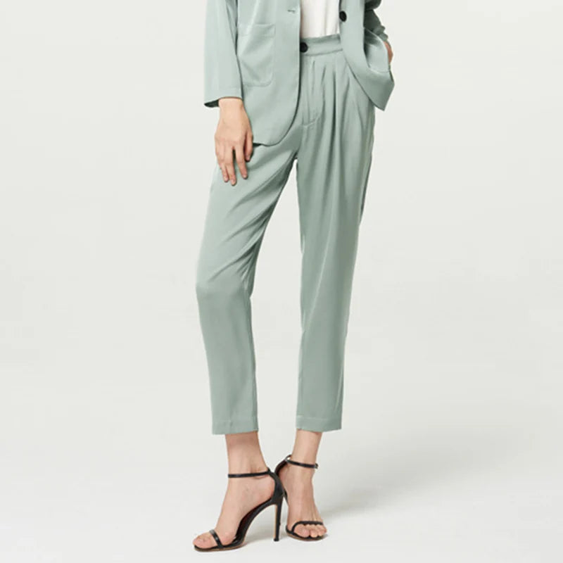Women’s Mulberry silk satin pants in Nebula — slim-cut, ankle-length trousers with front pleats and a soft waistband, designed for movement without demand. From Borcelleclothes.