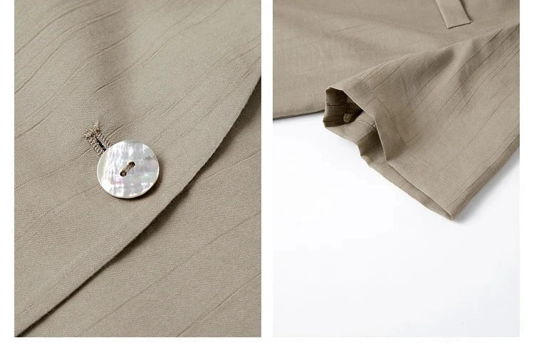 Collage showing the button detail and sleeve finish of the Olive Haze jacket. From Borcelleclothes.