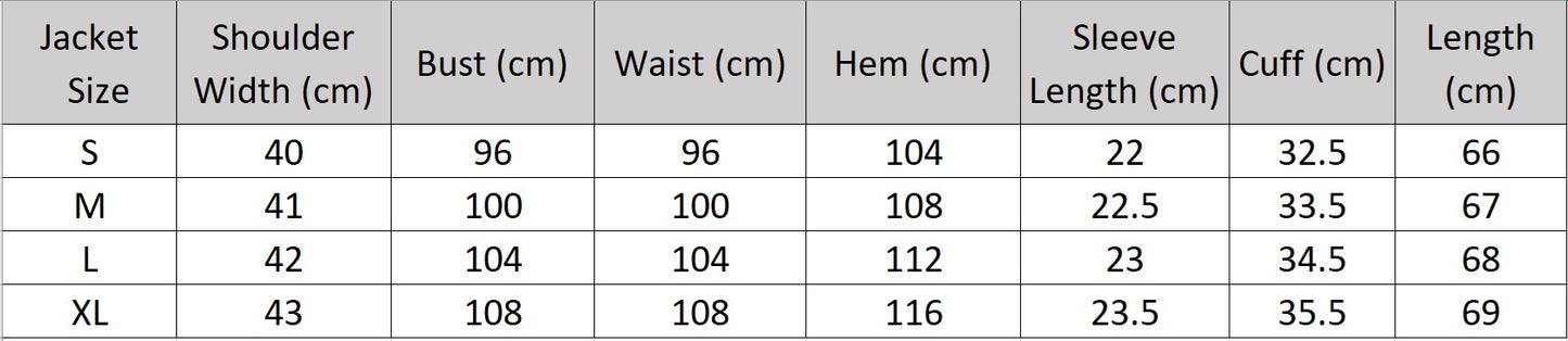 Women's size chart for a jacket of the two-piece set in Olive Haze with crinkled texture, featuring a short-sleeved V-neck jacket and wide-leg trousers in a relaxed silhouette. From Borcelleclothes.