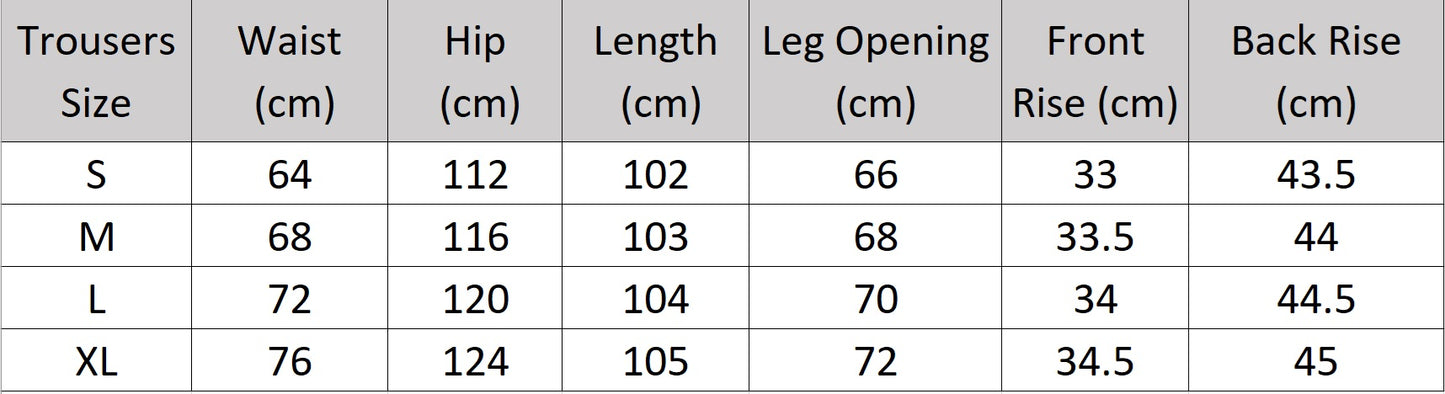 Women's size chart for trousers of the two-piece set in Olive Haze with crinkled texture, featuring a short-sleeved V-neck jacket and wide-leg trousers in a relaxed silhouette. From Borcelleclothes.