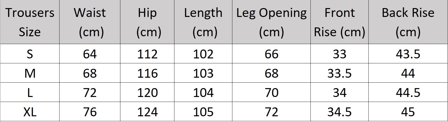 Women's size chart for trousers of the two-piece set in Olive Haze with crinkled texture, featuring a short-sleeved V-neck jacket and wide-leg trousers in a relaxed silhouette. From Borcelleclothes.