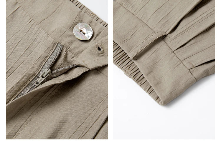 Collage featuring the unzipped fly and waistband loop of the Olive Haze trousers. From Borcelleclothes.