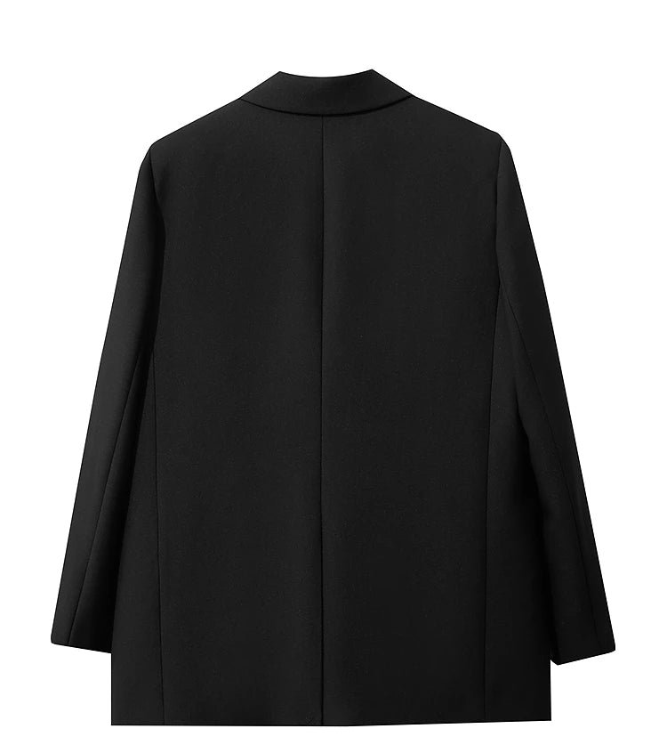 Back view of Onyx minimal blazer with long thigh-length silhouette – From Borcelleclothes.