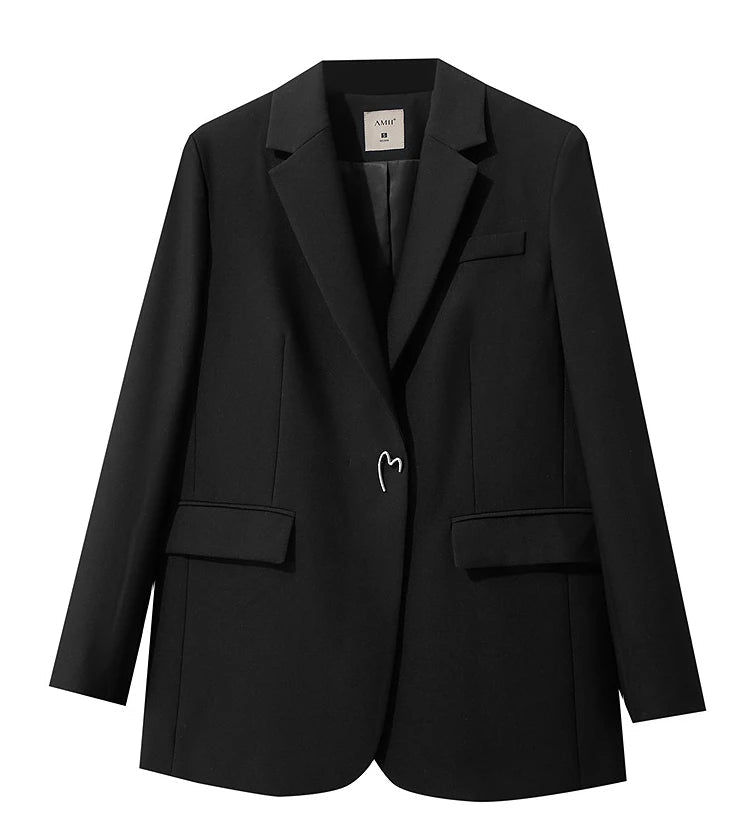 Front view of Onyx minimal blazer with minimalist wrap cut and sharp lapels – From Borcelleclothes.