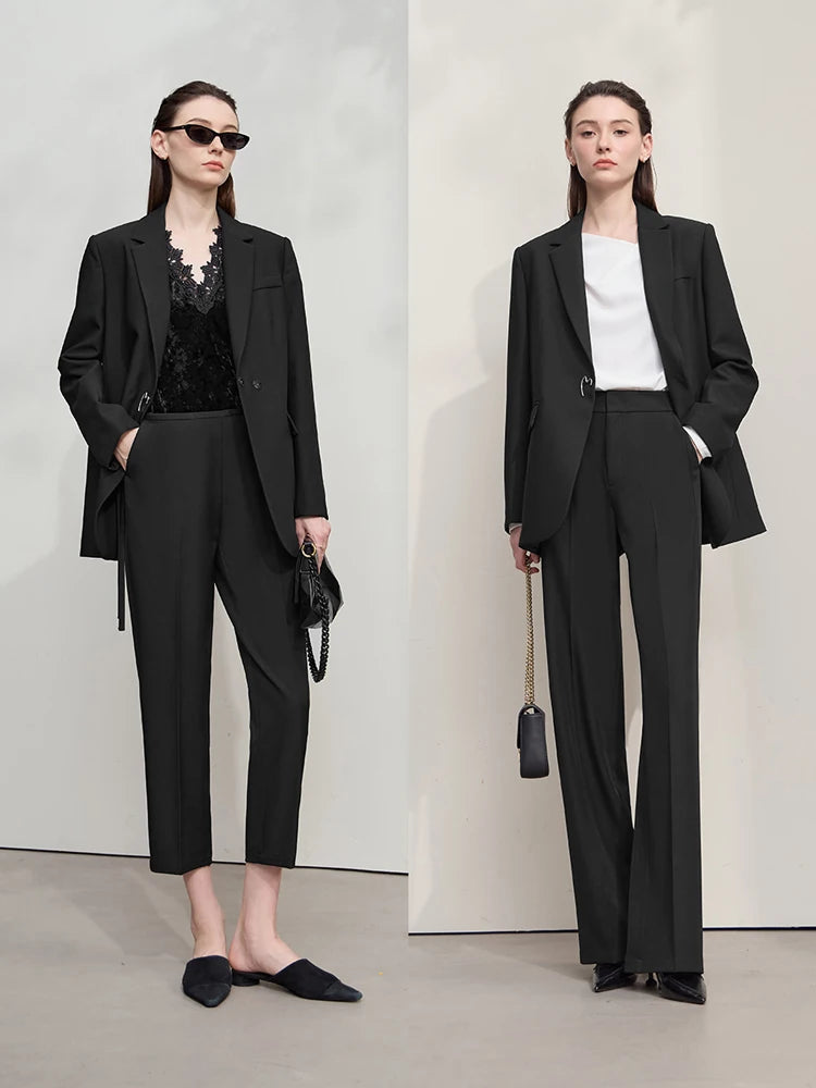 Model wearing Onyx minimal blazer styled with cropped and full-length pants in collage – From Borcelleclothes.