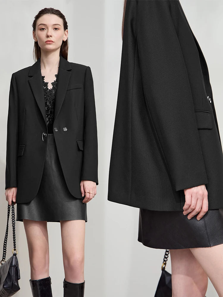 Model in Onyx minimal blazer shown in collage with front and side views – From Borcelleclothes.