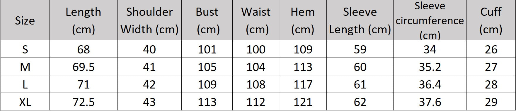 Women's size chart for an Onyx minimal blazer with thigh-length silhouette, clean lines, no buttons, and a single unfinished heart metal accent at the waist – From Borcelleclothes.