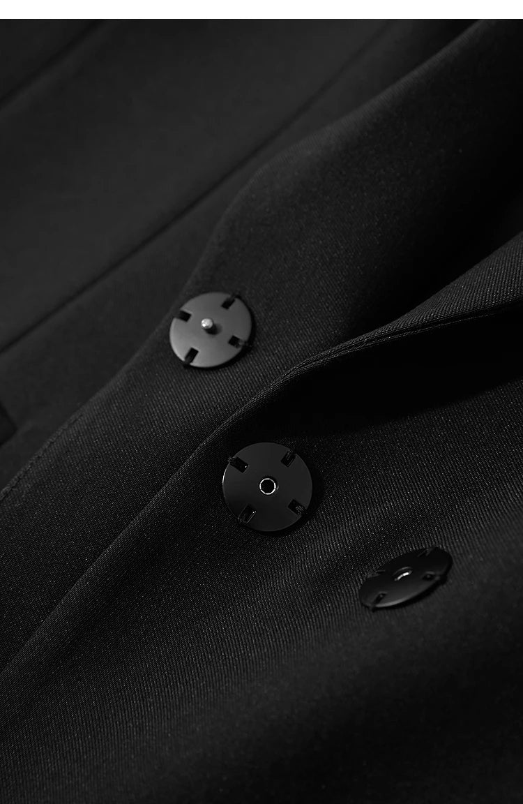 Onyx minimal blazer showing concealed snap closures on deep wrap front – From Borcelleclothes.