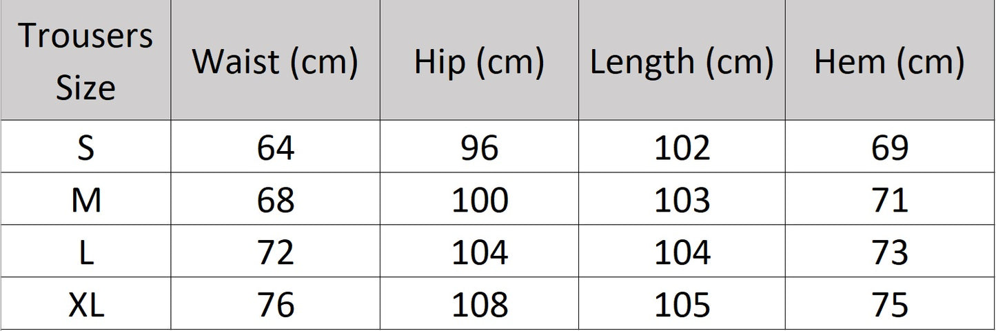 Women’s size chart for trousers of two-piece set in Payne’s Grey, featuring soft structure, minimalist tailoring, and quiet presence inspired by a painter’s refusal to use harsh black. From Borcelleclothes.