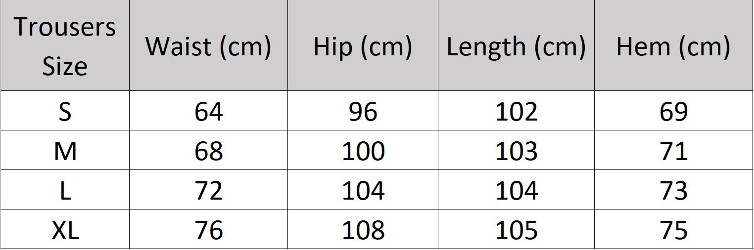Women’s size chart for trousers of two-piece set in Payne’s Grey, featuring soft structure, minimalist tailoring, and quiet presence inspired by a painter’s refusal to use harsh black. From Borcelleclothes.