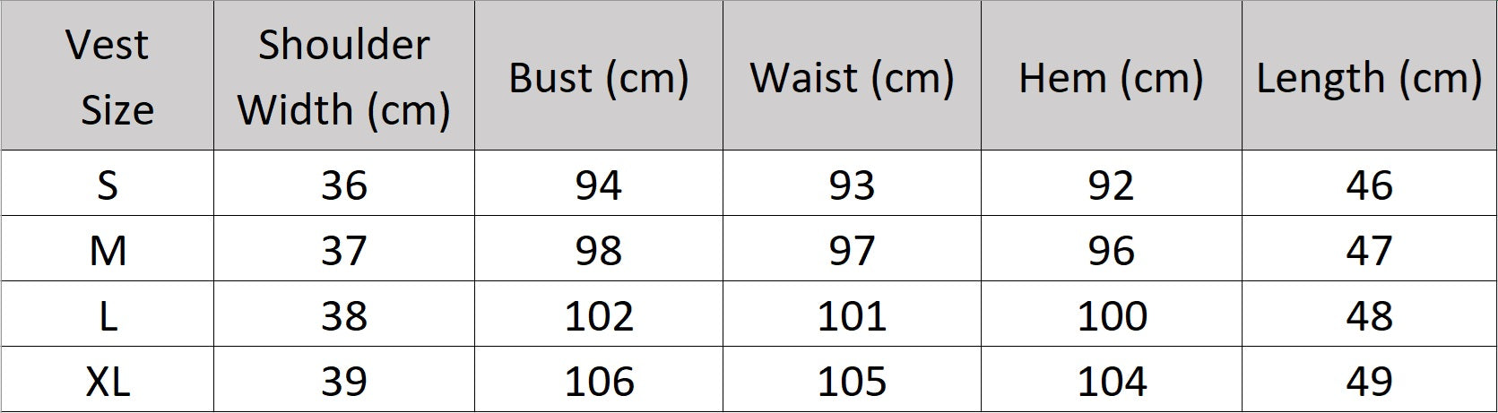 Women’s size chart for a vest of two-piece set in Payne’s Grey, featuring soft structure, minimalist tailoring, and quiet presence inspired by a painter’s refusal to use harsh black. From Borcelleclothes.