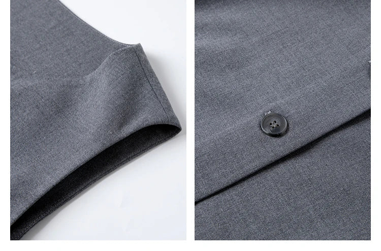 Collage of shoulder and button details on the vest from the Payne’s Grey two-piece set. From Borcelleclothes.