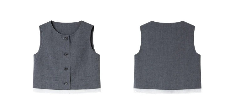 Front and back views of the vest from the Payne’s Grey two-piece set, highlighting clean lines and balanced proportion. From Borcelleclothes.