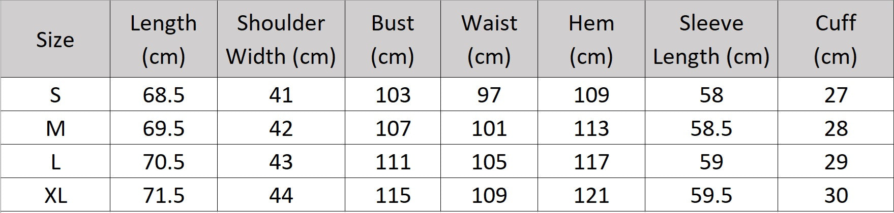 Women’s size chart for a Platinum & Onyx Urban Blazer, with thigh-length cut, notch lapels, and single button design, crafted for composed and unhurried elegance. From Borcelleclothes.