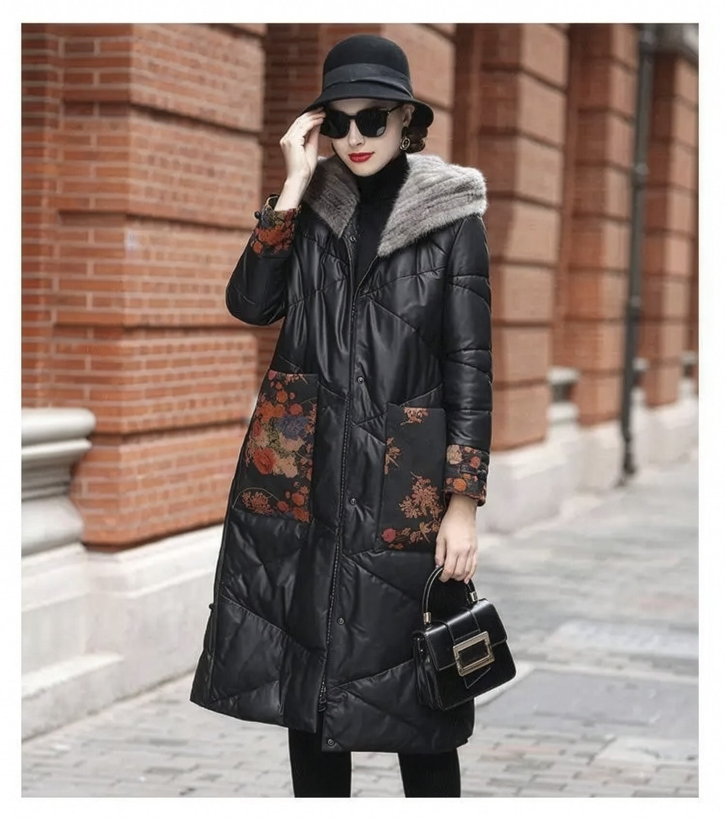 Model adjusting sunglasses in Onyx sheepskin coat with printed leather cuffs, mink-lined hood, and tonal quilting — From Borcelleclothes.