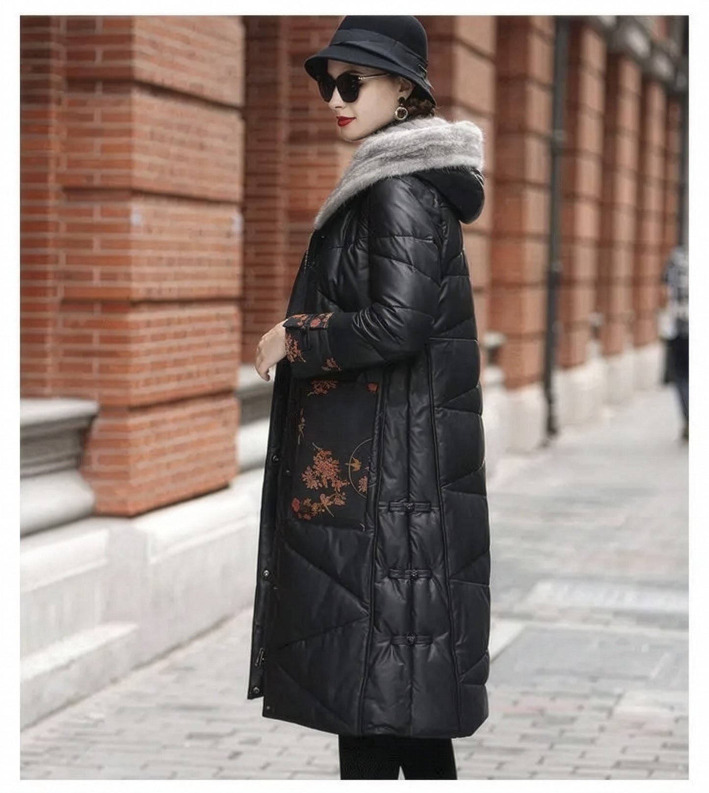 Side view of the Onyx sheepskin coat with printed leather side pocket, decorative loops, and sculpted panel construction — From Borcelleclothes.