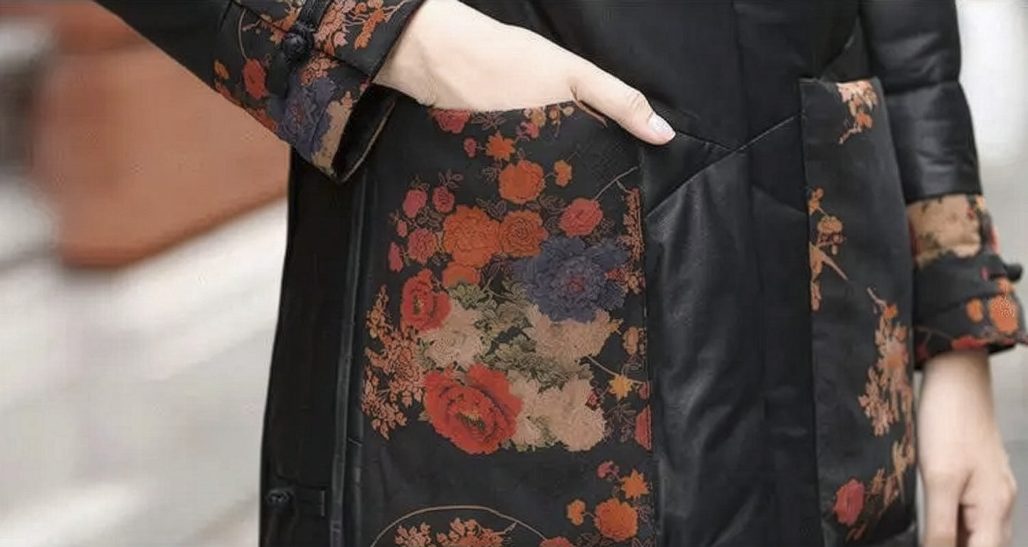 Detail of the floral-printed leather pocket on the Onyx sheepskin coat, framed by trapezoid side panel and tonal piping — From Borcelleclothes