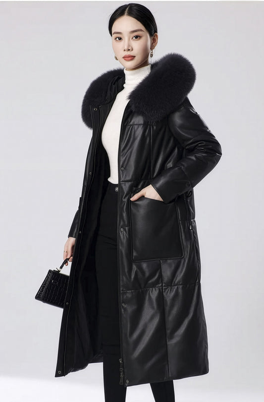 Model in Onyx sheepskin coat turned slightly to the side, showing curved casing and fox fur collar — From Borcelleclothes.