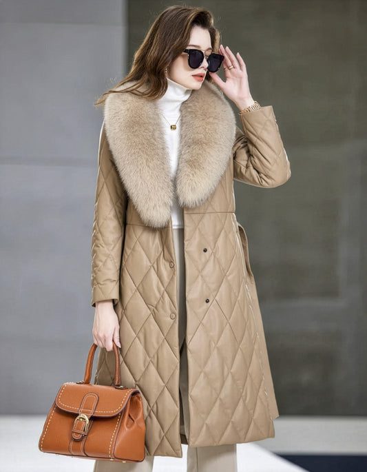 Model in Cinnamon Frost sheepskin coat touching her sunglasses, showcasing the fox fur collar and defined shoulders — From Borcelleclothes.