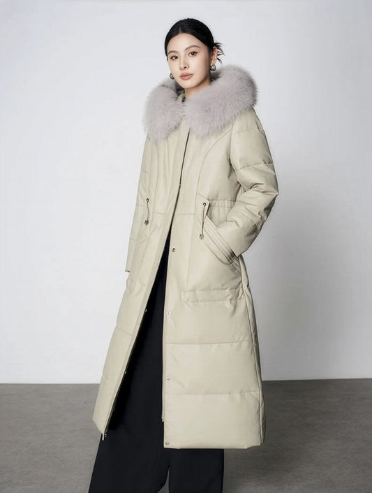 Women's Sheepskin Coat with Hidden Casing in Moon Mist — model with hand in pocket. From Borcelleclothes.