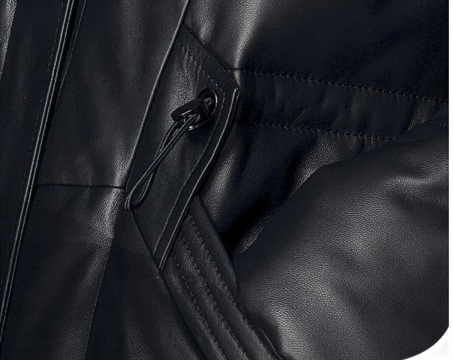 Women's Sheepskin Coat with Hidden Casing in Onyx — leather overlay with drawcord detail. From Borcelleclothes.