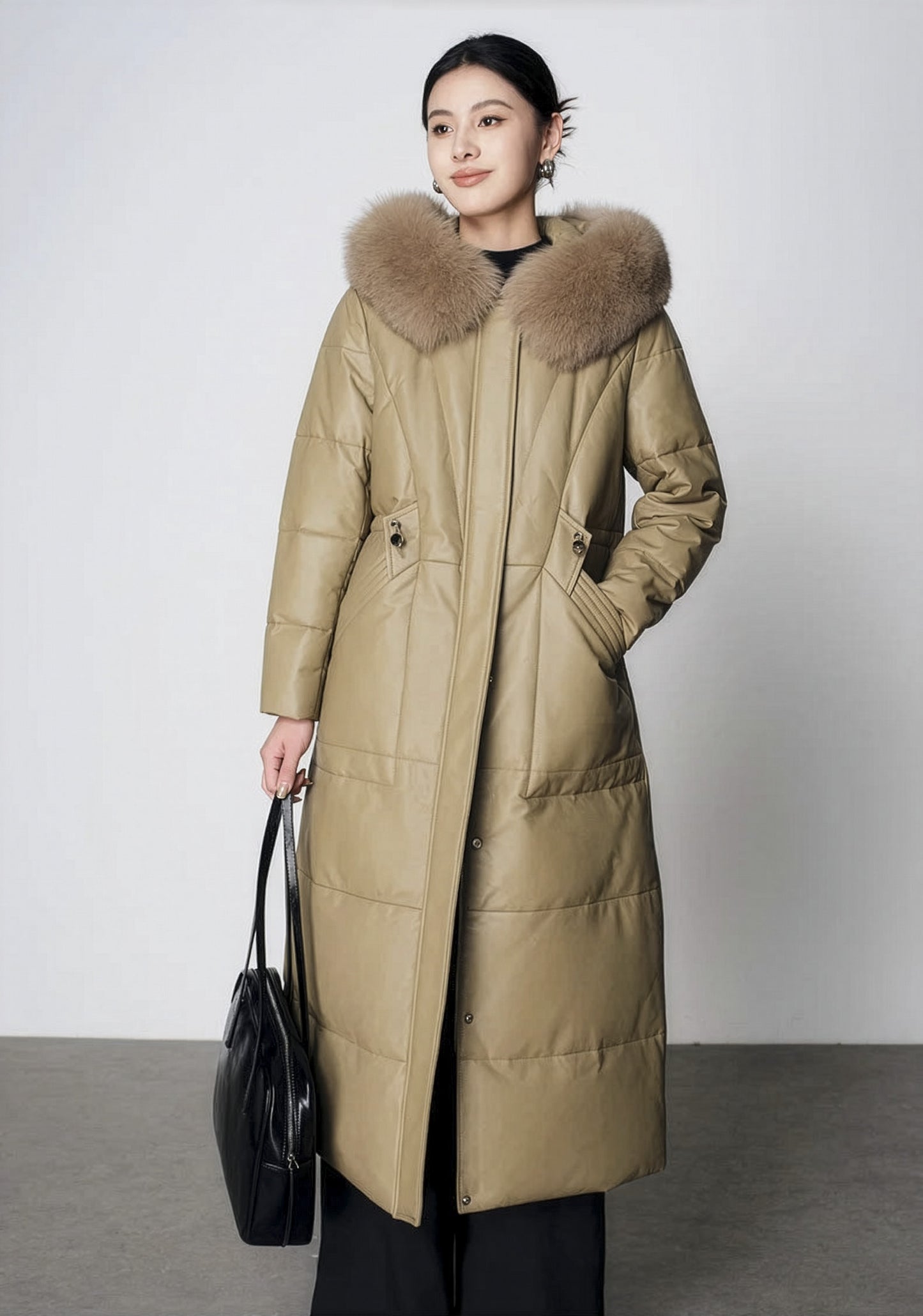 Women's Sheepskin Coat with Hidden Casing in Sweet Angelica — model holding bag, hand in pocket. From Borcelleclothes.