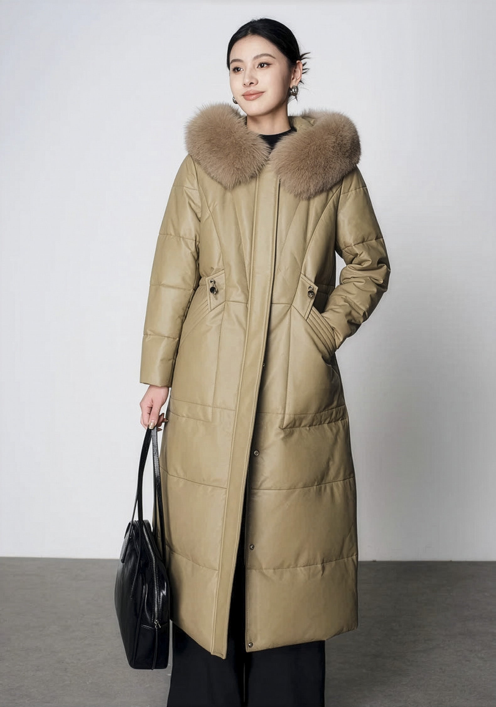Women's Sheepskin Coat with Hidden Casing in Sweet Angelica — model holding bag, hand in pocket. From Borcelleclothes.